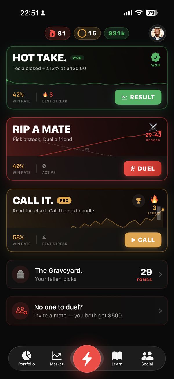 RIP play screen: Hot Take, Rip a Mate duels, Call It and the Graveyard